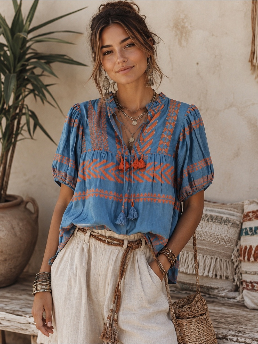 Just Bellina Embroidered Tassel Boho Blouse Womens Blue Orange Top Size Medium